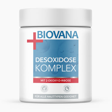 Kosmetikdose Biovana Desoxidose Komplex mit 2-Deoxy-D-Ribose und blau-rotem Etikett